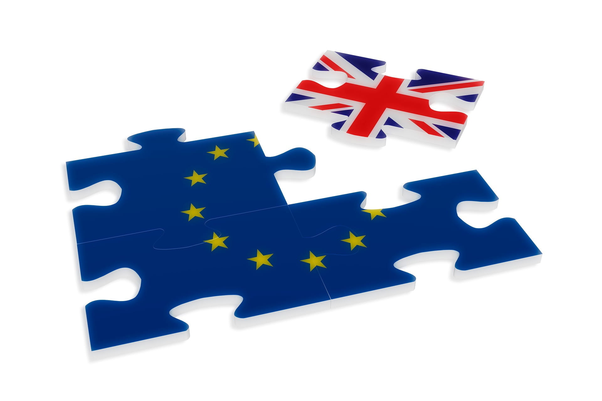 EU-Flagge als Puzzle mit herausgerissenem Puzzle-Stück in Form der Flagge Großbritanniens.