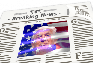 Grafisch animierte Zeitung mit Breaking-News-Schlagzeile und einem Bild des US-Präsidenten Donald Trump.