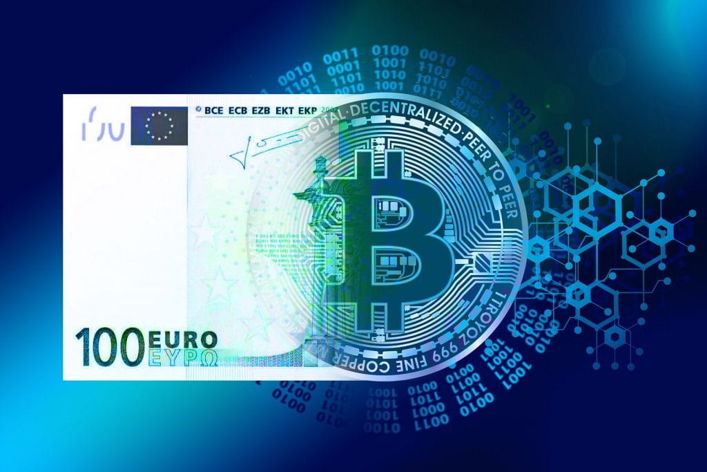 Bitcoin verschmilzt mit einem 100-Euro-Geldschein; daneben eine transparente Netzwerkgrafik.