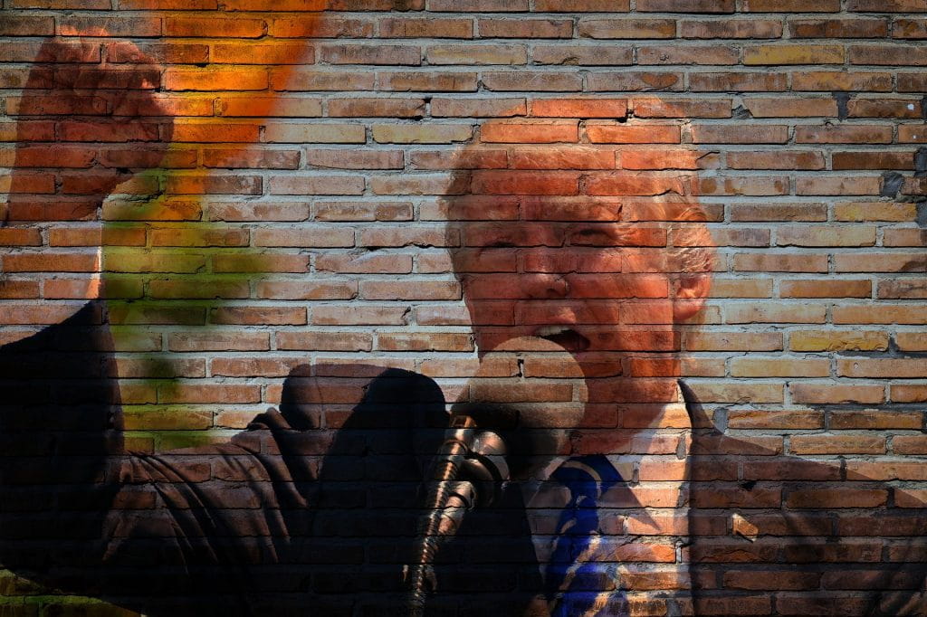 Donald Trump auf einer illustrierten Mauer.