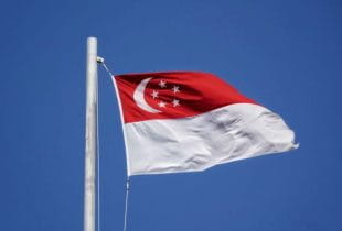 Die Flagge Singapurs weht an einem Fahnenmast im Wind.
