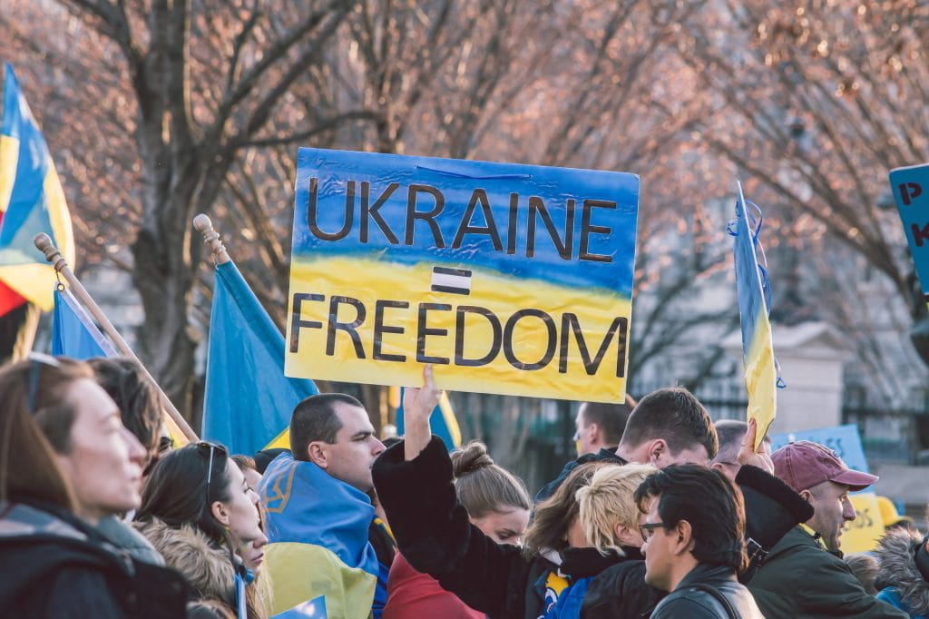 Eine Demonstration in den USA für Frieden und Freiheit in der Ukraine.