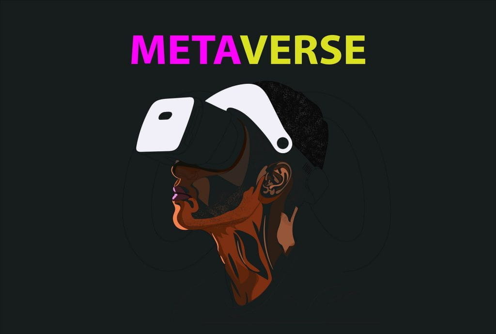 Illustration des Metaverse mit VR-Brille und Schriftzug.