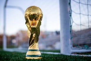 Der WM-Pokal auf Kunstrasen vor einem Fußballtor.