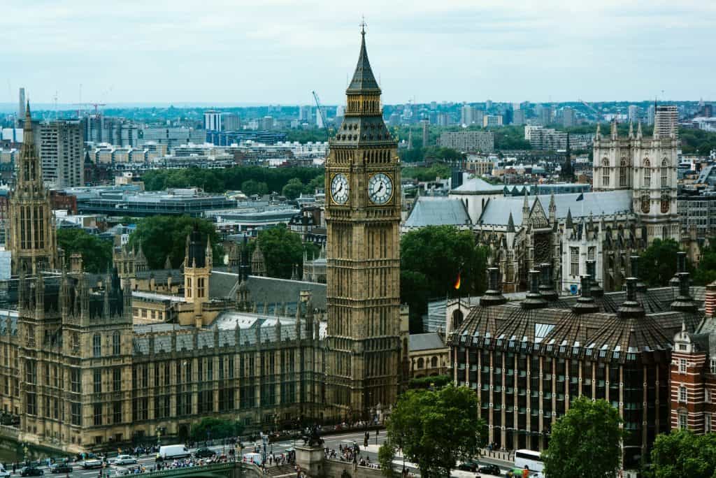 Der Big Ben und die umliegenden Gebäude in London aus der Vogelperspektive.