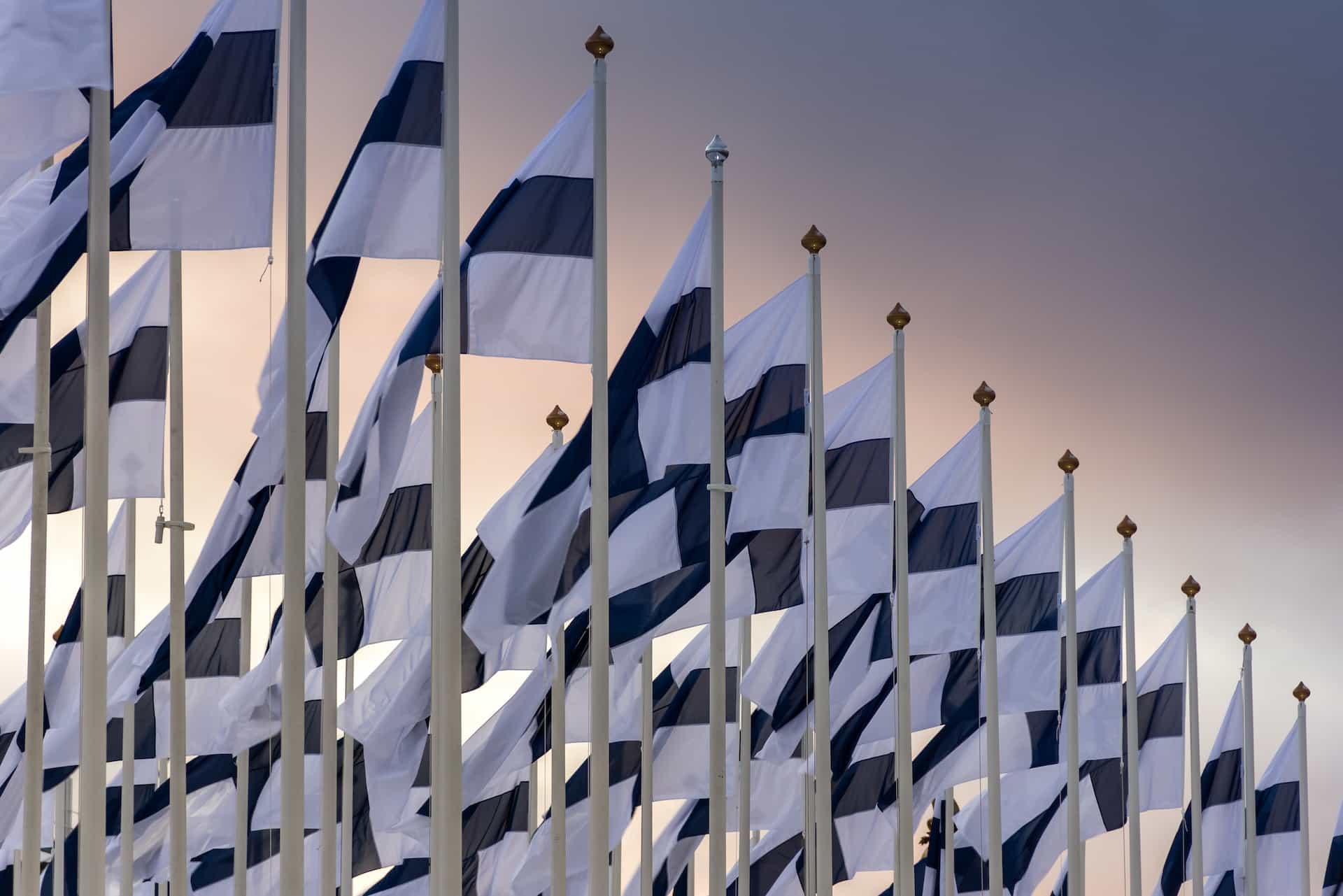 Zahlreiche Fahnenmasten mit der finnischen Nationalflagge.