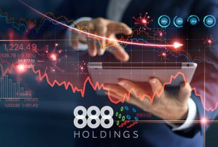 Logo der Firma 888 Holdings und eine abstrakte Darstellung der Umsatzrückgänge.