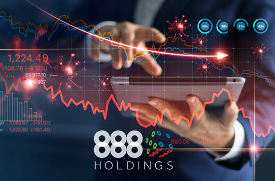 Logo der Firma 888 Holdings und eine abstrakte Darstellung der Umsatzrückgänge.