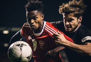 Auf dem Foto ist eine Gruppe von Fußballspielern in Aktion zu sehen, die energisch um den Ball kämpfen, während sie von Zuschauern am Spielfeldrand angefeuert werden.