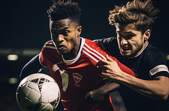 Auf dem Foto ist eine Gruppe von Fußballspielern in Aktion zu sehen, die energisch um den Ball kämpfen, während sie von Zuschauern am Spielfeldrand angefeuert werden.