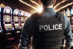 Ein Polizeibeamter in Uniform führt eine Razzia in einem illegalen Glücksspielbetrieb durch, sichtbar sind Spieltische und beschlagnahmte Spielautomaten.