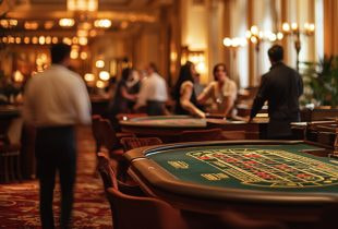 Ein eleganter Casino-Saal mit klassischen Spieltischen und luxuriöser Einrichtung. Menschen im Hintergrund sind in Gespräche vertieft.