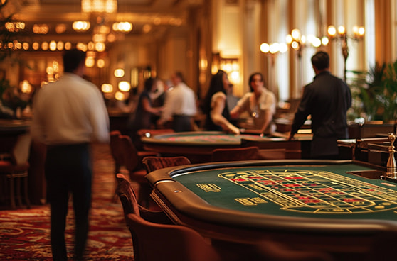 Ein eleganter Casino-Saal mit klassischen Spieltischen und luxuriöser Einrichtung. Menschen im Hintergrund sind in Gespräche vertieft.