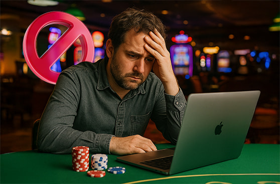 Symbolische Darstellung eines Online Casinos mit einem Verbotsschild und einem enttäuschten Spieler am Computer.