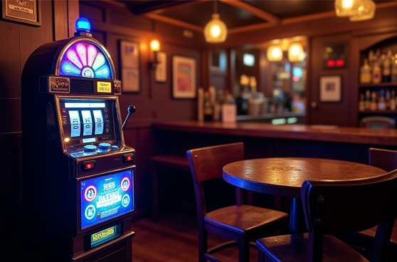Ein bunter, blinkender Geldspielautomat steht in der dunklen Ecke einer urigen Gaststätte neben einem Holztisch.