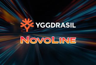 Logo-Kollage von Yggdrasil und Novoline vor einem digitalen Hintergrund.