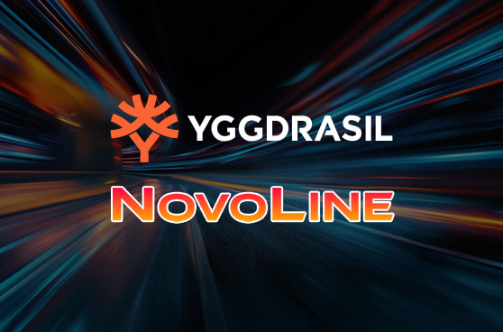Logo-Kollage von Yggdrasil und Novoline vor einem digitalen Hintergrund.