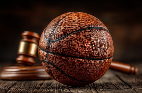 Ein Basketball auf einem Hartholz-Gerichtsboden, auf dem ein Richterhammer liegt.