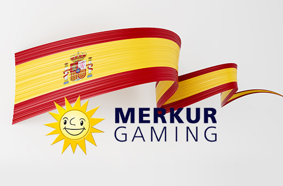 Das lachende Sonnen-Logo der Merkur Group vor einer stilisierten Flagge Spaniens.