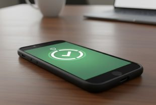 Ein Smartphone liegt auf einem Tisch und zeigt ein grünes Sicherheits-Icon zur Identifikationsprüfung auf dem Display.