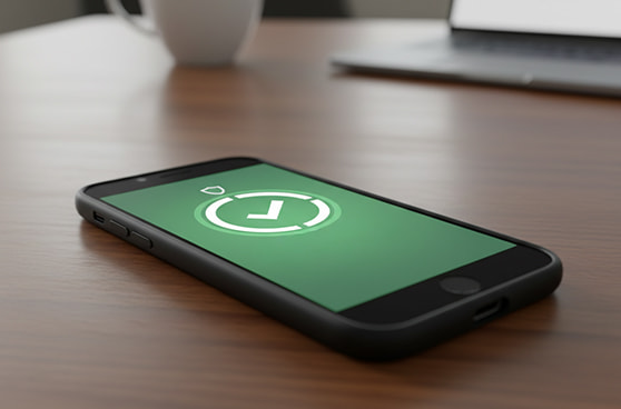 Ein Smartphone liegt auf einem Tisch und zeigt ein grünes Sicherheits-Icon zur Identifikationsprüfung auf dem Display.
