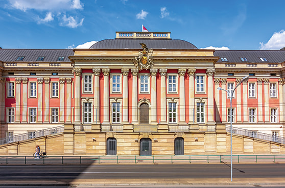 Das historische Gebäude des Landtags in Brandenburg bei Tag. Vor dem Gebäude wehen mehrere Flaggen im Wind.